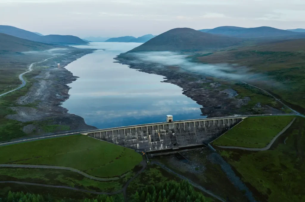 Loch Vaich and the Vaich dam in Scotland, UK, part of the second phase of the Conon Valley hydro-electric scheme