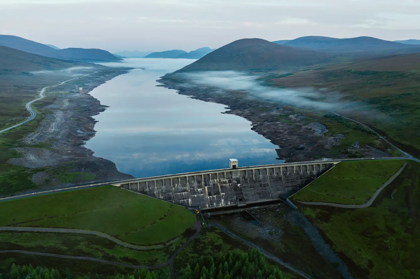 Loch Vaich and the Vaich dam in Scotland, UK, part of the second phase of the Conon Valley hydro-electric scheme